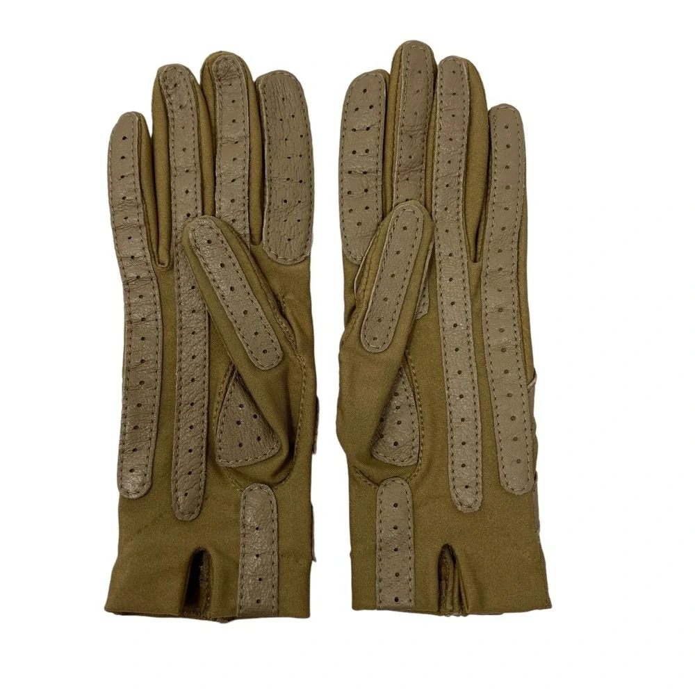 Womens Vintage Gloves Two Pair Tan‎ Faux Leather and Black Knit Size S-M